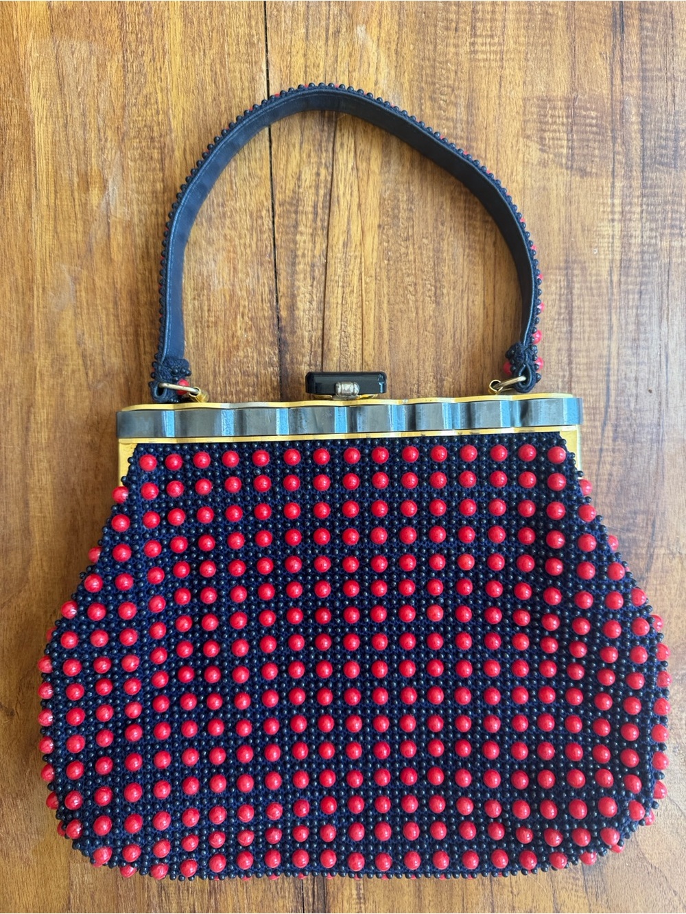 1960s Laura USA Red navy Caviar Bubble Bead Handbag lucite scalloped frame